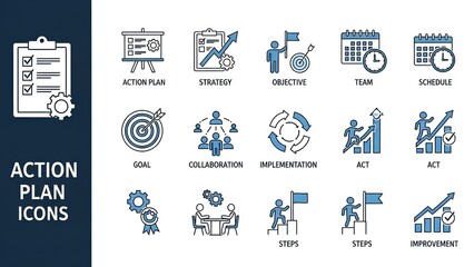 Set of Action Plan Icons for Strategy, Goal Setting, and Project Management