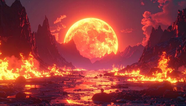 Fiery Landscape with a Large Orange Moon Rising Over Mountains and Flames. - Powered by Adobe