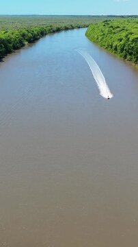 Boat Tour In Tutoia Maranhao Brazil. Breathtaking Aerial View Of Boat Sailing In A Wonder Scene. Travel Environmental Wilderness Jungle. Travel Beautiful Day Amazon Panoramic. Tutoia Maranhao.