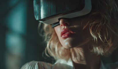 Immerse yourself in the virtual reality, a woman wearing VR headset, lights, looking at an advanced digital interface. ..Created with Generative AI, not depicting real subjects.