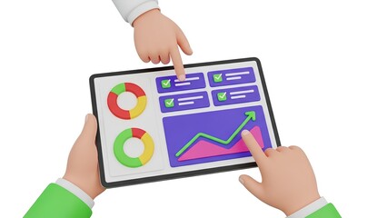 3D rendering of hands interacting with a tablet displaying financial data charts and graphs for business analysis