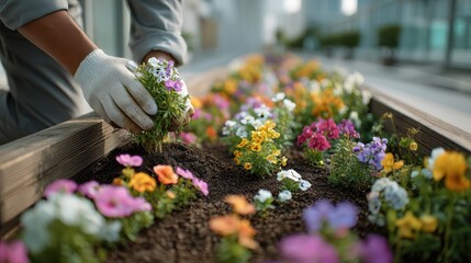 A person in gloves is planting colorful flowers in a raised bed, showcasing vibrant blooms and fresh soil in a well-maintained garden.
