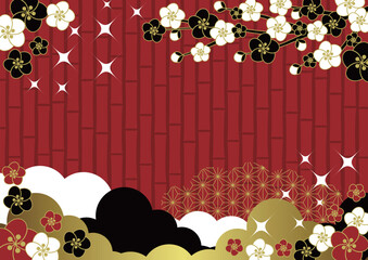 和風背景イラスト、かわいい、シンプル、梅、竹、赤、キラキラ、横