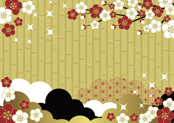 和風背景イラスト、かわいい、シンプル、梅、竹、金、キラキラ、横