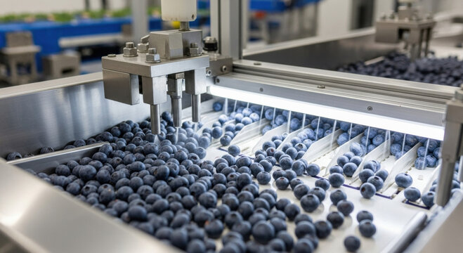 Advanced robotics and automation technology in food industry. sorting machine for fresh blueberry processing on production line inside modern factory with precision