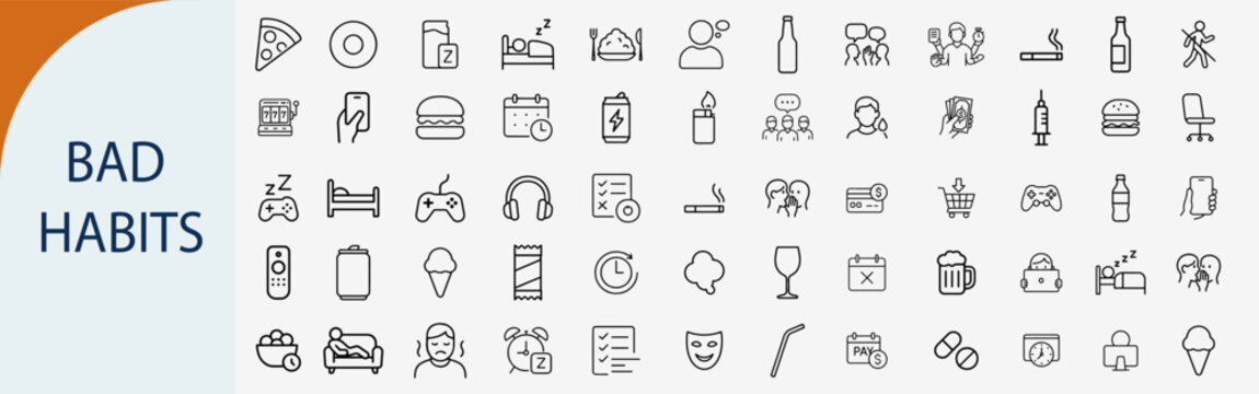 Bad habits line icons set, collection of unhealthy lifestyle symbols