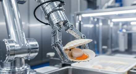Food processing industry uses advanced robotics and automation for precision. modern robot arm with technology carefully handles fresh raw scallop for factory line