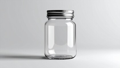 An empty glass jar with a metallic lid, perfect for showcasing your product or concept. The transparent glass reveals the subtle details