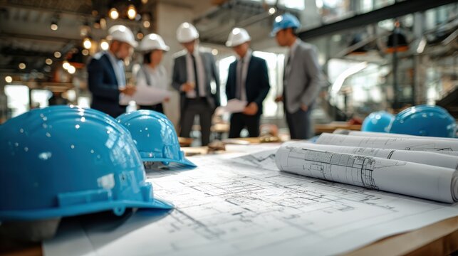 A team of engineers, with blueprints in front, discussing a construction project. ..Created with Generative AI, not depicting real subjects.