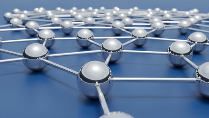 Abstract 3D render of a connected molecular structure with shiny spheres and lines on a blue background, representing scientific networks and digital communication