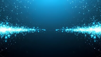 Abstract glowing digital particles expanding outwards on a dark blue background, representing network connections and data flow