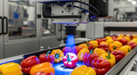 Advanced robotics and automation in food industry. robot arm scans fresh bell pepper on conveyor belt inside modern factory showing innovation in food production