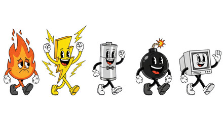 five anthropomorphic 1930s rubber hose mascots (fire, lightning, battery, bomb, computer monitor) marching across a white studio background with soft shadows, concept of classic whimsical vintage