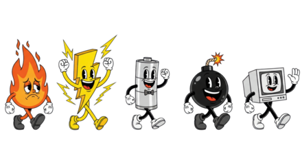five anthropomorphic 1930s rubber hose mascots (fire, lightning, battery, bomb, computer monitor) marching across a white studio background with soft shadows, concept of classic whimsical vintage