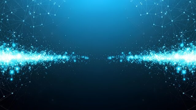 Abstract glowing digital particles expanding outwards on a dark blue background, representing network connections and data flow - Powered by Adobe