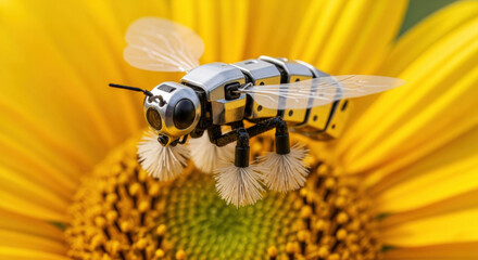 Robotic bee on sunflower shows future of agriculture automation and growing robotics industry. This advanced technology helps with pollination and represents innovation