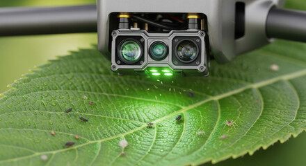 Close up of drone sensor using robotics for agricultural inspection. Advanced automation technology scans green leaf highlighting potential for modern industry and science