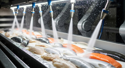 Advanced robotics and automation in food industry show fish processing line. Fresh salmon wash on conveyor belt for efficient and clean production in modern factory