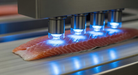 Robotics and automation drive precision in food industry. quality control machine with blue light scans fresh salmon fillet on conveyor belt during processing