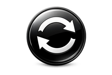 Refresh button with cyclical arrows on a shiny black circle, symbolizing update, reload, and restart on a transparent background