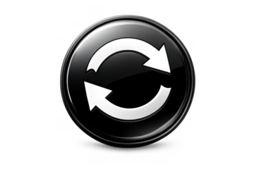Refresh button with cyclical arrows on a shiny black circle, symbolizing update, reload, and restart on a transparent background