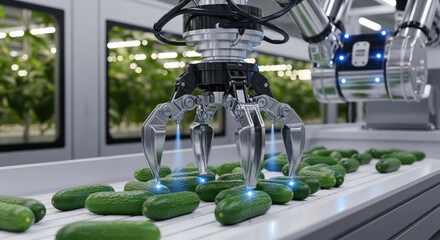 Advanced robotics and automation transforming food production industry. robotic arm precisely sorts fresh green cucumber on conveyor belt in futuristic smart farm