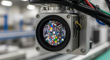 Advanced camera sensor on machine for quality control in factory. This smart robotics and automation technology in manufacturing industry sorts plastic for recycling