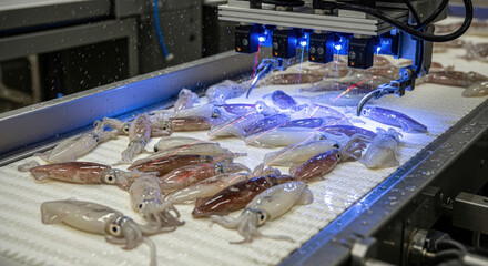 Advanced robotics and automation technology transforming food industry. quality control scanner inspects fresh squid on conveyor belt in modern processing plant