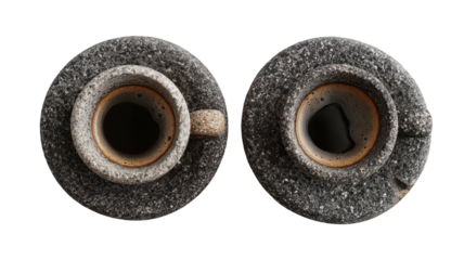 Two stone cups filled with black coffee, viewed from above