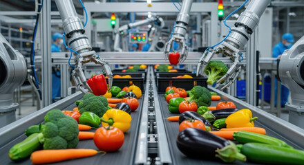 Advanced robotics and automation revolutionizing food industry. Robotic arms on conveyor belt sorting fresh vegetables in modern, efficient factory setting for production
