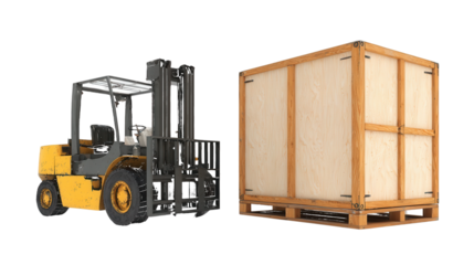 Forklift lifting wooden crate isolated on a transparent background 1