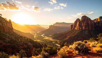 Dramatic landscape of mountain range at sunset, warm sunlight.