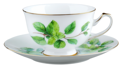 White teacup with green mint leaves on saucer isolated on a transparent background