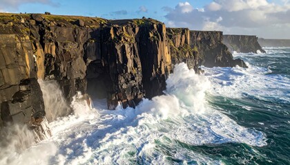Dramatic Coastal Cliffs With Waves Crashing Against The Shoreline