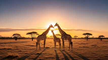 Giraffe family silhouetted at golden sunset in the African savanna