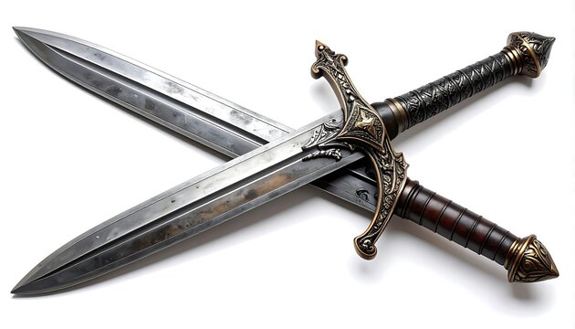 Two intricately crafted swords, crossed against a stark white backdrop, showcasing ornate hilts and aged blades with a realistic aesthetic