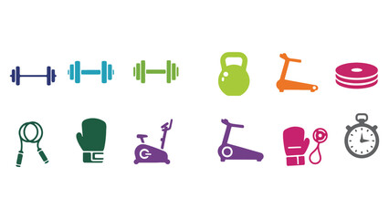 Collection of colorful fitness equipment icons on a white background.