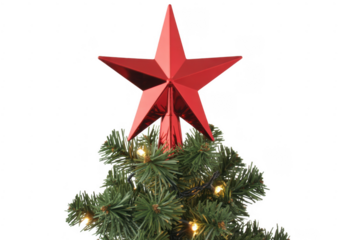 Red star on Christmas tree with lights tree topper isolated on a transparent background