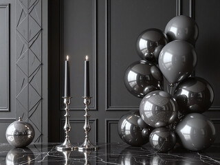 Monochrome geometric walls, matte balloons, metallic candle holders on mirrored table,A sleek modern minimalism expressing stylish sophistication.