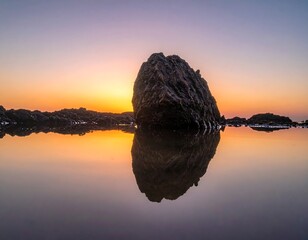 Rock formation silhouetted at the beach during a vibrant sunset