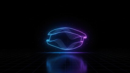 Futuristic neon glowing abstract wave form on a reflective digital grid surface background