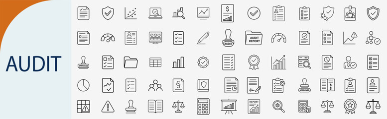 Fototapeta premium Audit Line Icons Set, Financial Report and Business Analysis Vector Illustrations