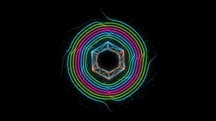 Vibrant geometric polyhedron pulsating within a spectrum of neon rings against a dark background