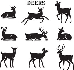 Fototapeta premium A vector illustration set of black animal silhouettes featuring a wild and domestic collection of deers icons for nature and wildlife designs
