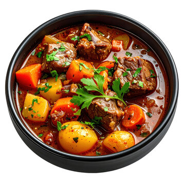 Tavas, a cypriot lamb stew baked in a clay pot with tomatoes and herbs, isolated on white background
