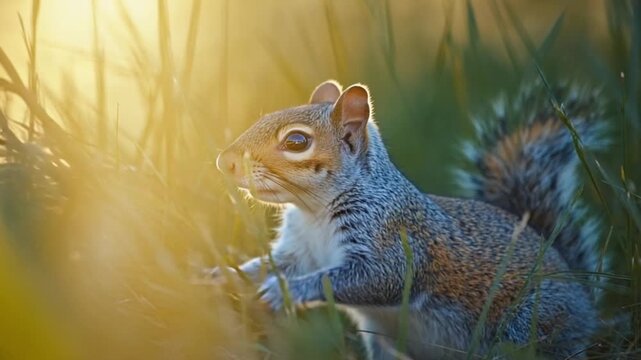 Curious squirrel exploring grassy field in warm sunlight