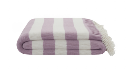 Rolled purple and white striped blanket with tassels isolated on a transparent background