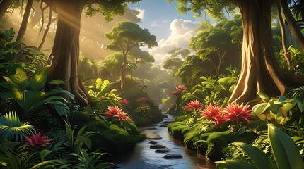 tropical garden with palm trees and water