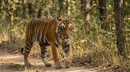Obraz premium Majestic Tiger Walking on a Forest Path Amidst Greenery