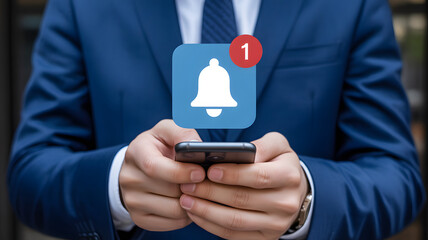 Businessman in blue suit holds smartphone with digital notification bell icon showing one new alert for an important message in a bright modern settin